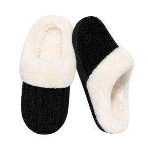 NEW Evshine Slippers Size 8-9 Warm Knit Comfy Faux Fur Memory Foam Black White
